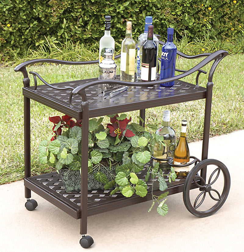 Savannah Outdoor Serving Cart 37.59 Inch, Wheels, Removeable Tray, Cast Aluminum, Bridgeton Moore, Patio, Furniture