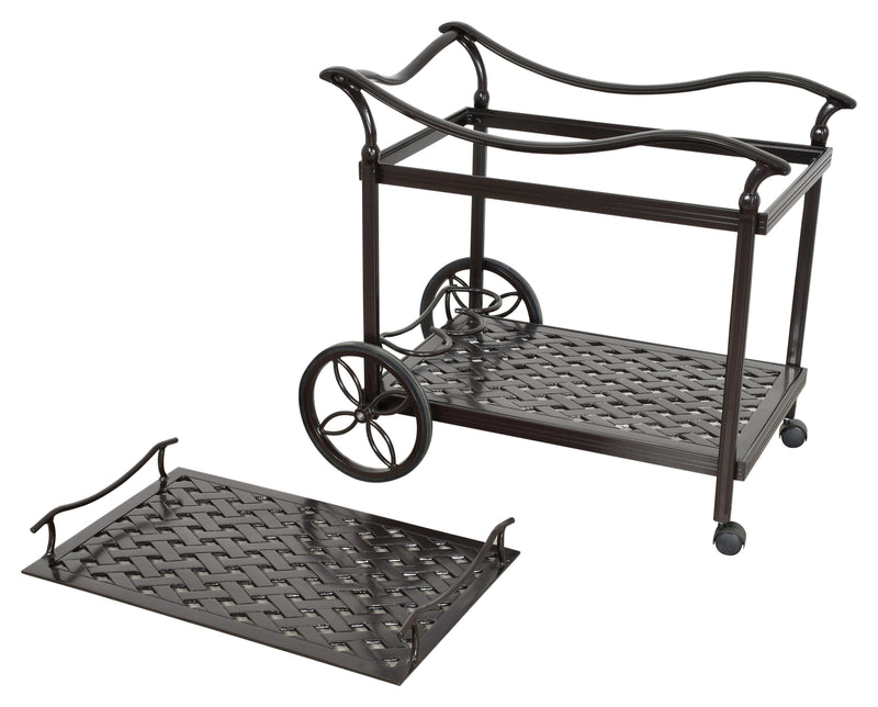 Savannah Outdoor Serving Cart 37.59 Inch, Wheels, Removeable Tray, Cast Aluminum, Bridgeton Moore, Patio, Furniture