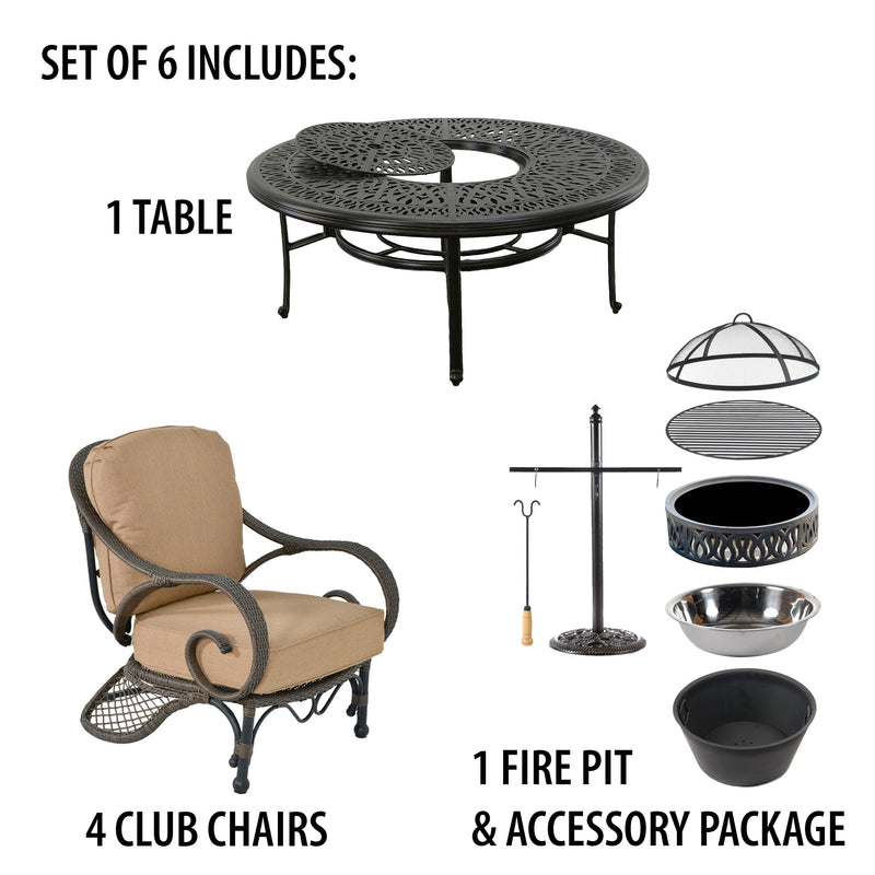 Grand Bonaire Weave 6pc Firepit Table w Club Chairs Bridgeton Moore Outdoor Aluminum, Woven Patio Chat Set