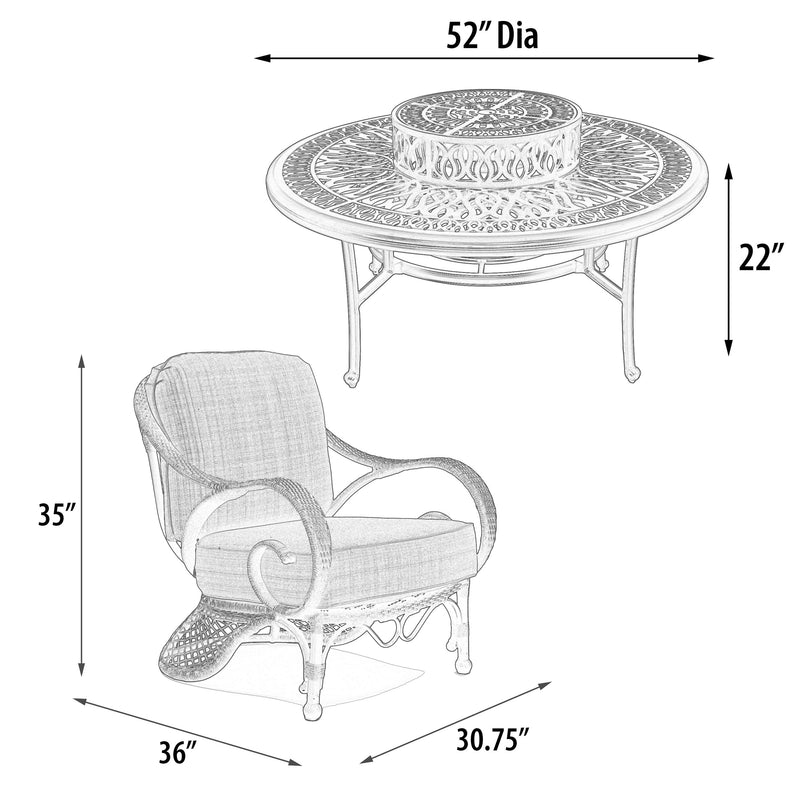 Grand Bonaire Weave 6pc Firepit Table w Club Chairs Bridgeton Moore Outdoor Aluminum, Woven Patio Chat Set