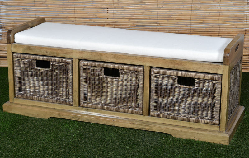 Storage Bench, 3 Bin, 54 Inch Mud Room, Hand Made, Natural Mahogany, Woven Rattan, Neutral Cushion