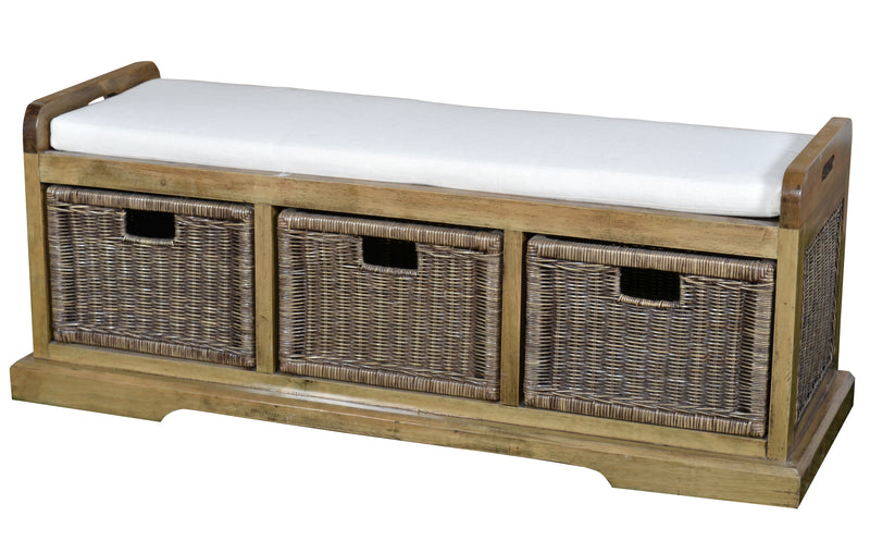 Storage Bench, 3 Bin, 54 Inch Mud Room, Hand Made, Natural Mahogany, Woven Rattan, Neutral Cushion