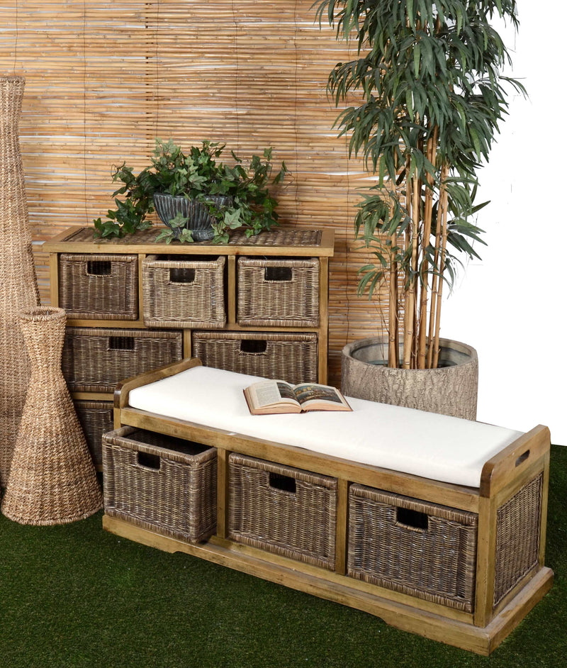 Storage Bench, 3 Bin, 54 Inch Mud Room, Hand Made, Natural Mahogany, Woven Rattan, Neutral Cushion