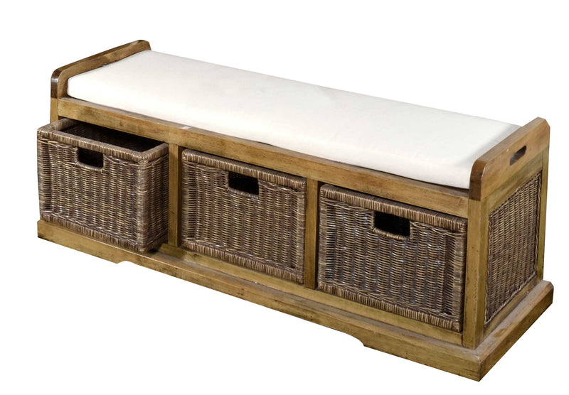 Storage Bench, 3 Bin, 54 Inch Mud Room, Hand Made, Natural Mahogany, Woven Rattan, Neutral Cushion