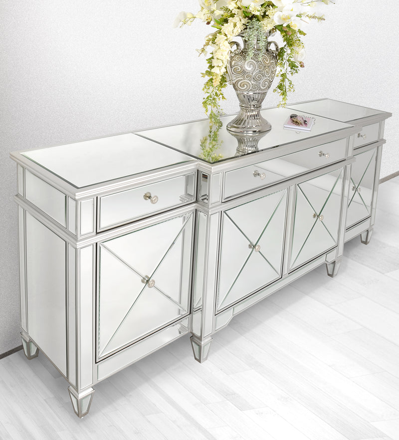 76" Park Avenue Glamorous Contemporary 4 Door Mirrored Sideboard Credenza