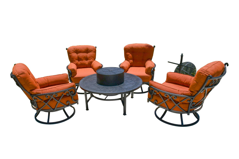 Chillounger Luxurious Firepit Set 4 Swivel Club Chairs w Firepit Table and Complete Accessory Package,  Outdoor Sunbrella,  Aluminum,  Bridgeton Moore Patio Furniture