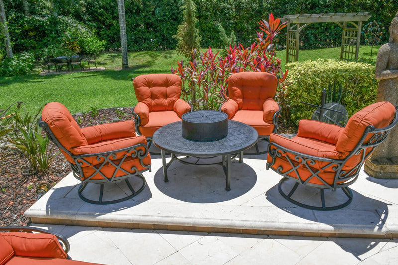 Chillounger Luxurious Firepit Set 4 Swivel Club Chairs w Firepit Table and Complete Accessory Package,  Outdoor Sunbrella,  Aluminum,  Bridgeton Moore Patio Furniture