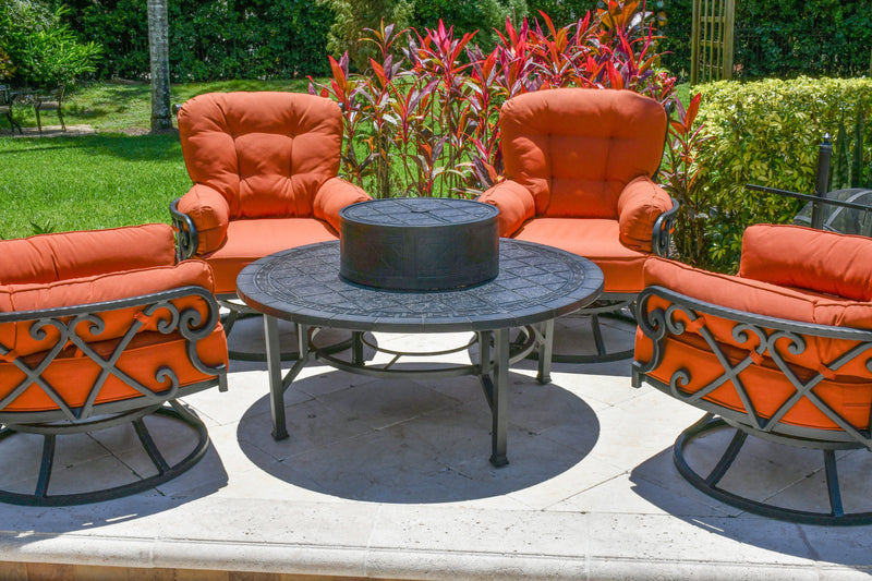 Chillounger Luxurious Firepit Set 4 Swivel Club Chairs w Firepit Table and Complete Accessory Package,  Outdoor Sunbrella,  Aluminum,  Bridgeton Moore Patio Furniture