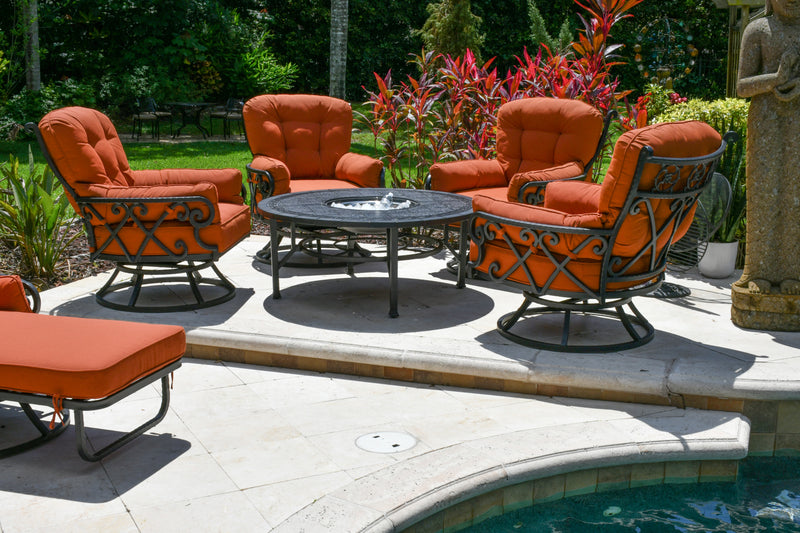 Chillounger Luxurious Firepit Set 4 Swivel Club Chairs w Firepit Table and Complete Accessory Package,  Outdoor Sunbrella,  Aluminum,  Bridgeton Moore Patio Furniture