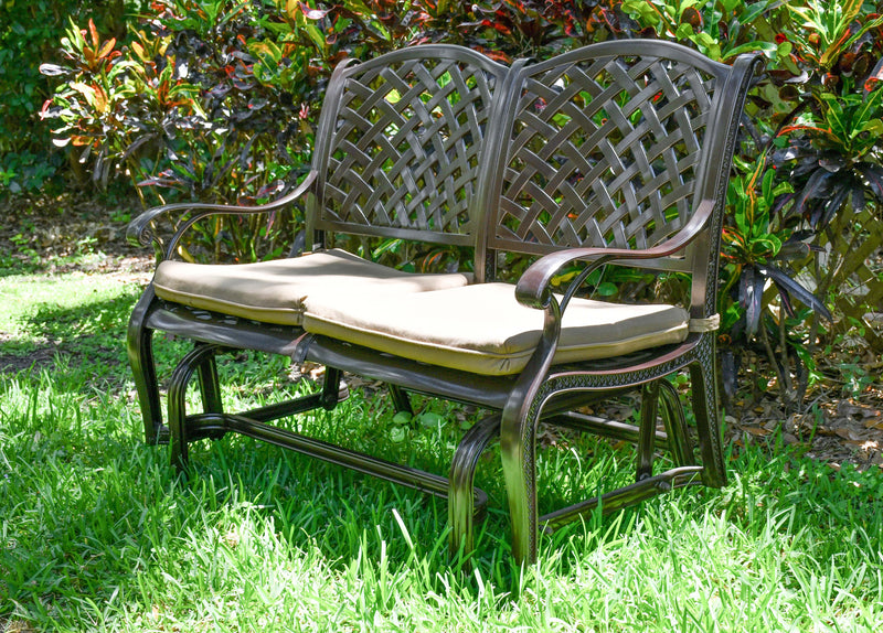 Savannah Rocking Glider Love Seat / Bench / Settee. Outdoor, Cast Aluminum, Bridgeton Moore, Sumbrella, Patio, Furniture