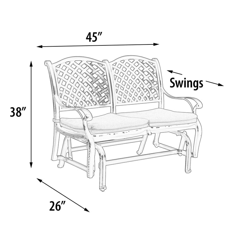 Savannah Rocking Glider Love Seat / Bench / Settee. Outdoor, Cast Aluminum, Bridgeton Moore, Sumbrella, Patio, Furniture