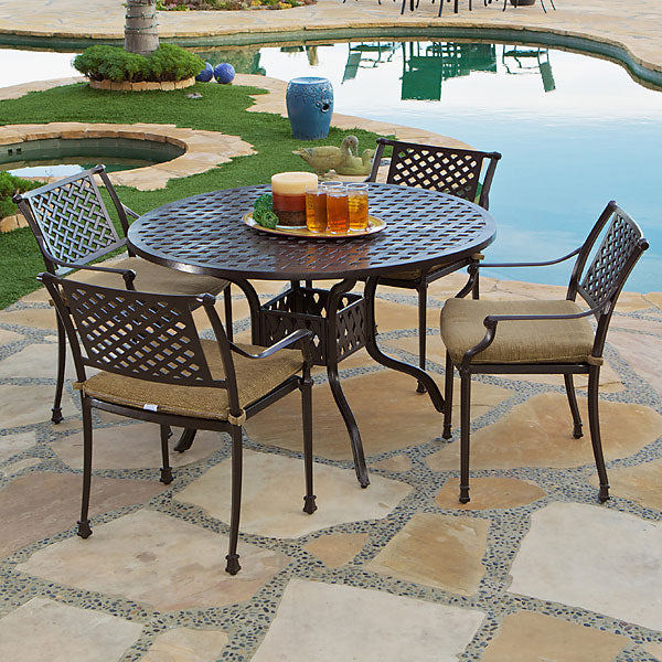 Savannah Round Dining Table  and Chair Set 5, Outdoor, Cast Aluminum, Bridgeton Moore, Sumbrella, Patio, Furniture