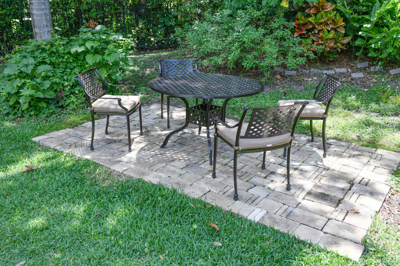 Savannah Round Dining Table  and Chair Set 5, Outdoor, Cast Aluminum, Bridgeton Moore, Sumbrella, Patio, Furniture