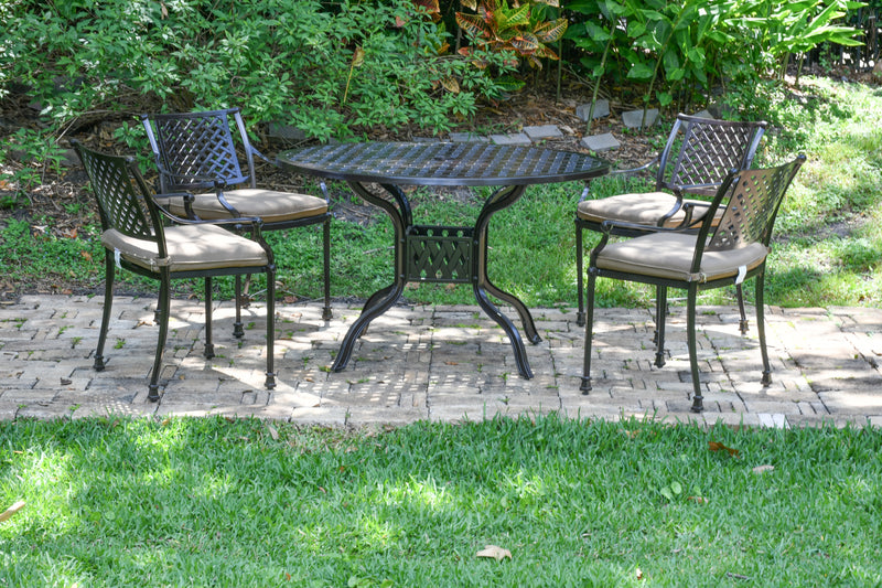 Savannah Round Dining Table  and Chair Set 5, Outdoor, Cast Aluminum, Bridgeton Moore, Sumbrella, Patio, Furniture