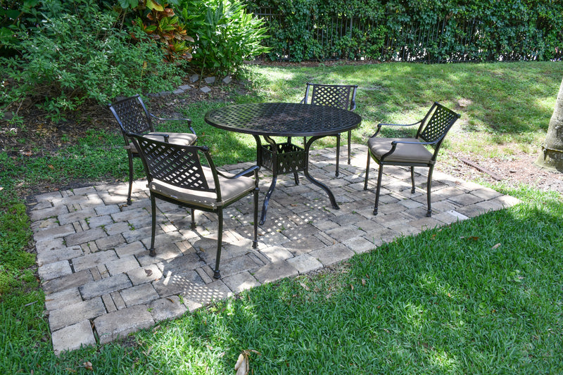 Savannah Round Dining Table  and Chair Set 5, Outdoor, Cast Aluminum, Bridgeton Moore, Sumbrella, Patio, Furniture