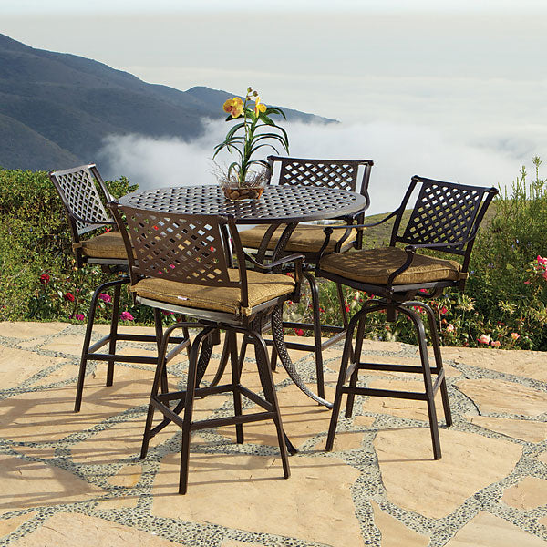 Savannah 5pc Bar Table Set w Barstools, Outdoor, Cast Aluminum, Bridgeton Moore, Sumbrella, Patio, Furniture