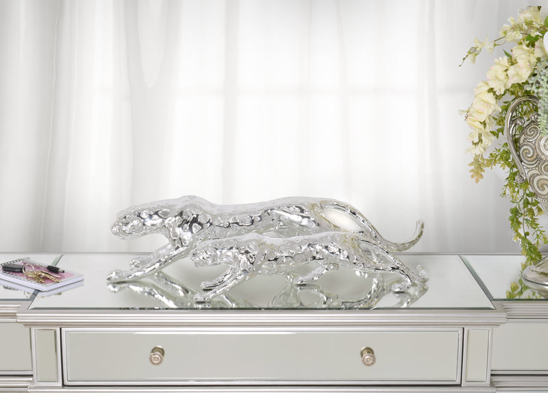 31"L Big Cat Collector Statue Silver Leopard Cheetah Panther Running Figurine