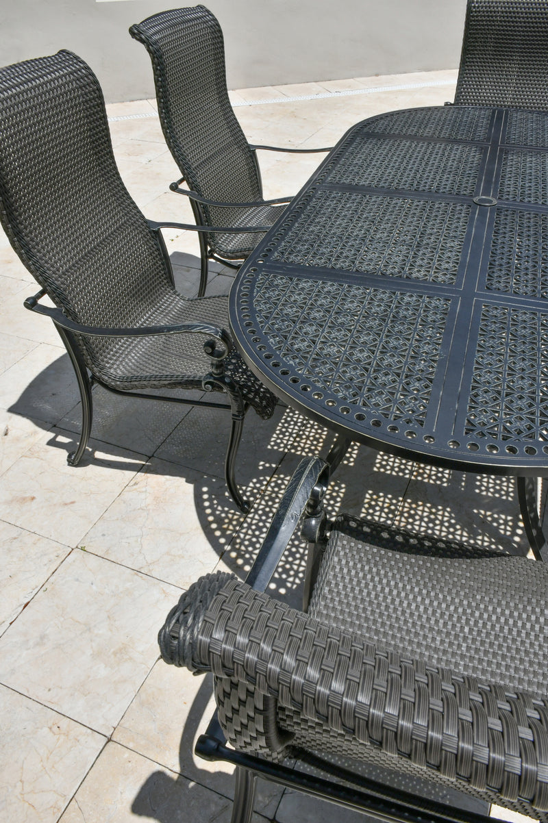 Wyndemere Table Oval Set of 7 w Chairs, Outdoor, Dining, Aluminum, Woven, Patio Black Bridgeton Moore Patio