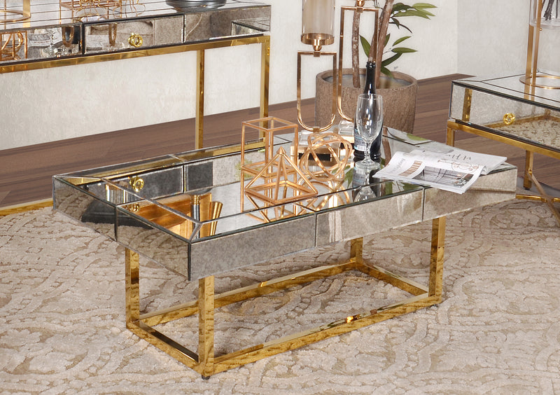 Hollywood Glam Gold Trim Contemporary Side Mirrored End Table Coffee Table
