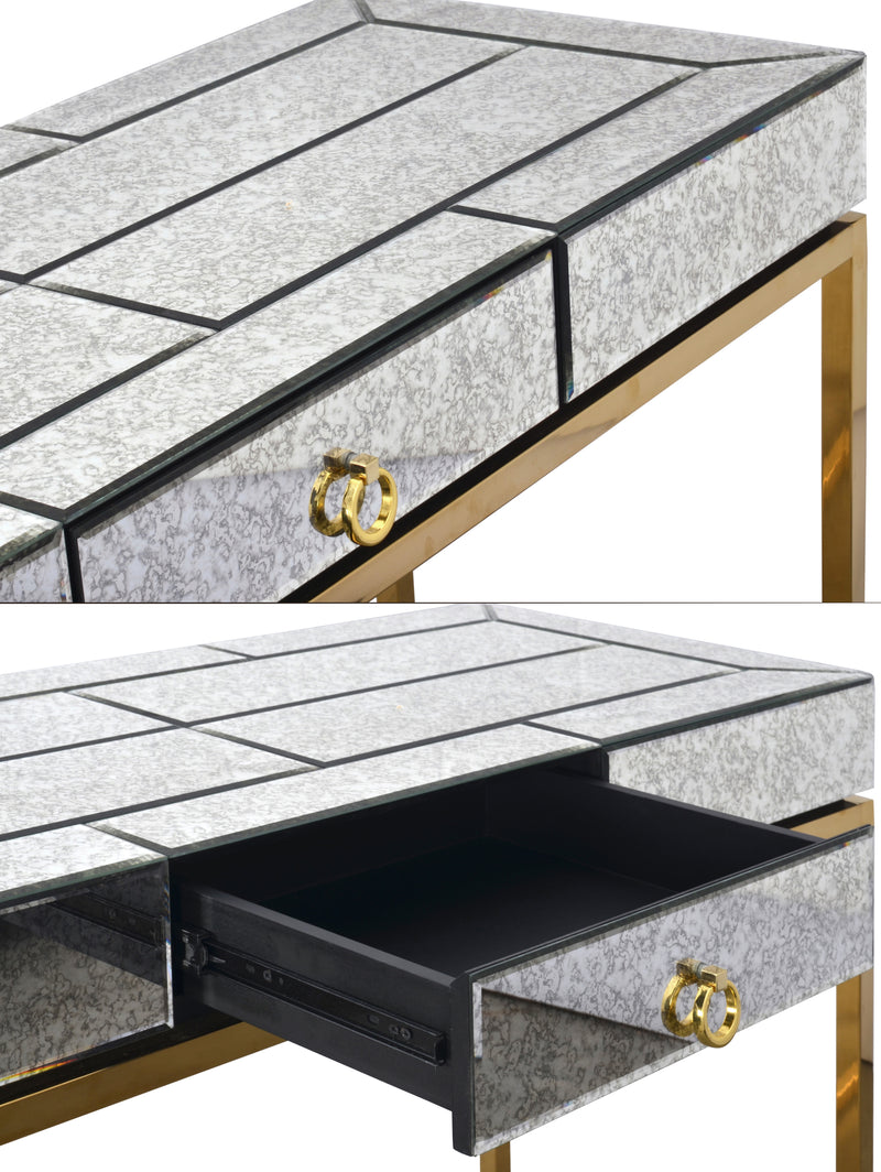 Hollywood Glam Antiqued Mirrored Greek Gold Design Console Sofa Accent Table