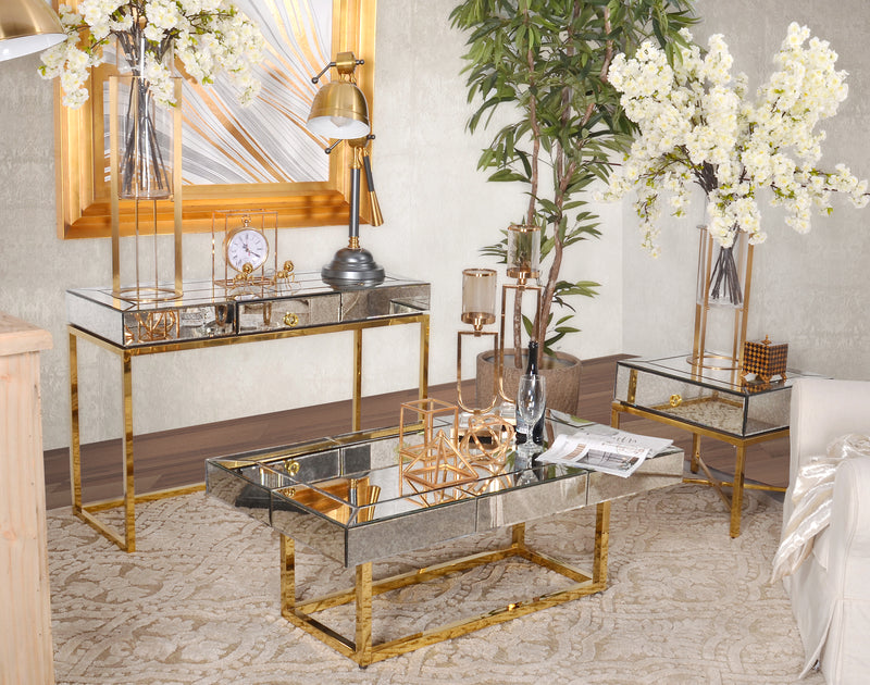 Hollywood Glam Antiqued Mirrored Greek Gold Design Console Sofa Accent Table