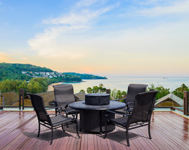 Wyndemere Outdoor Firepit Table Set of 6 w Club Chairs, Propane, Hibachi Grill with Accessories Set Outdoor, Bridgeton Moore Patio