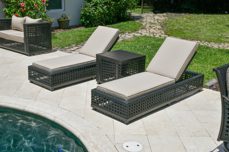 Monterey Chaise Lounge Outdoor Set of 3, Bridgeton Moore, Aluminum, Woven, Sumbrella Fabric, Adjustable Back, Table, Patio, Furniture