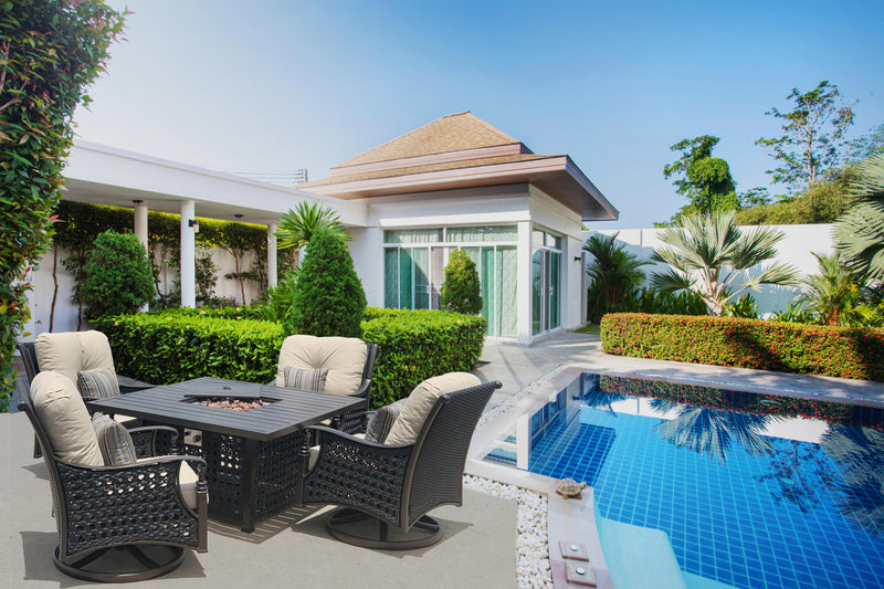 Monterey 5pc Outdoor Club Chair Set w Propane Fire Pit Table, 4 Swivel Rocking Chairs Bridgeton Moore, Patio, Furniture, Aluminum, Woven, Sumbrella Fabric