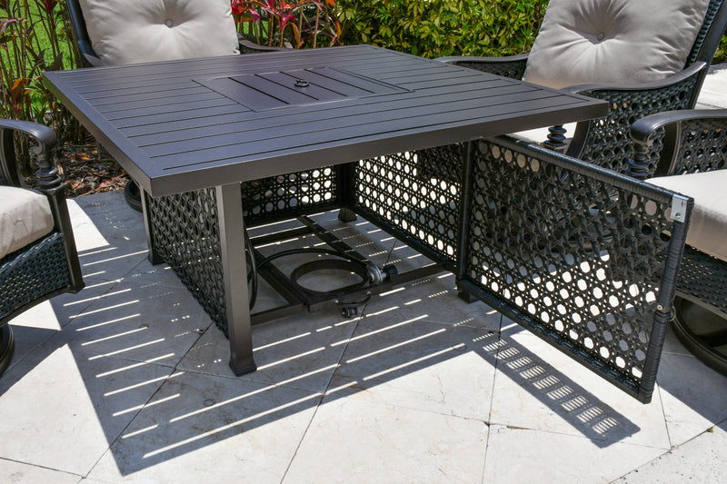 Monterey 5pc Outdoor Club Chair Set w Propane Fire Pit Table, 4 Swivel Rocking Chairs Bridgeton Moore, Patio, Furniture, Aluminum, Woven, Sumbrella Fabric