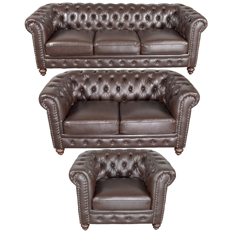 Classic Chesterfield Brown Sofa Set of 3 (KIT)