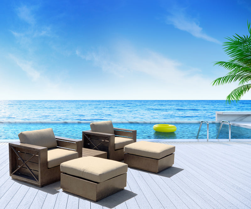 Mountain Studio Outdoor  5 Piece Outdoor Club Chair Set, Aluminum, Sumbrella, Hand Made, Modern Rustic