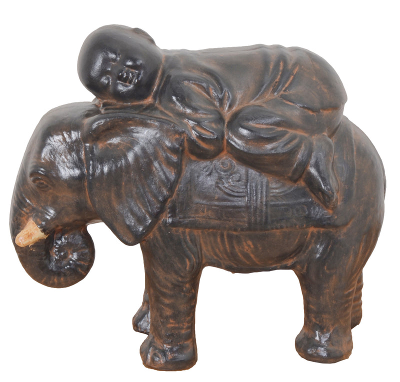 Buddha Baby Monk On Elephant Black Earthy Ancient Finish 16.5 Inches Tall