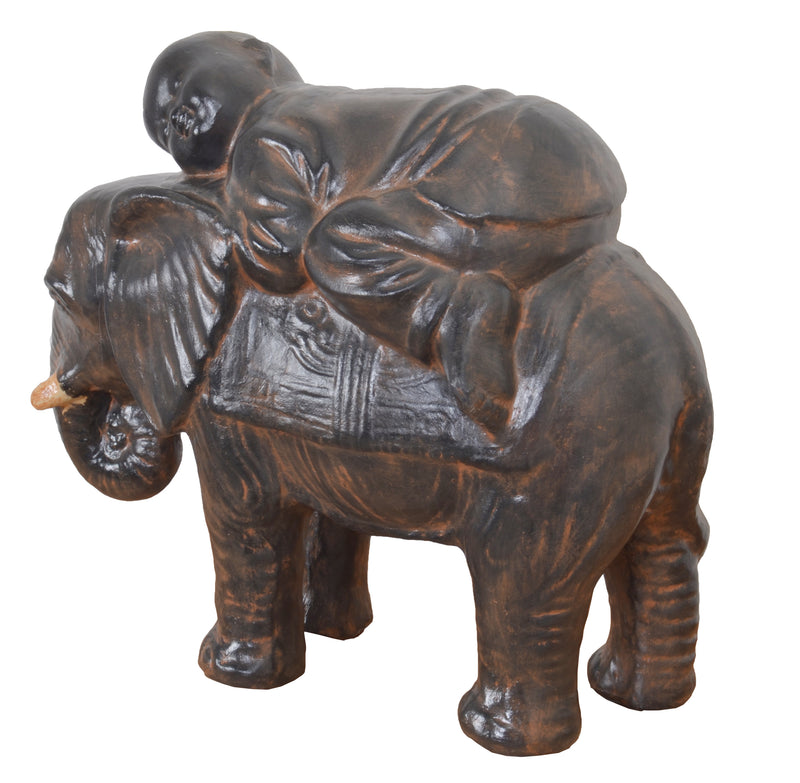 Buddha Baby Monk On Elephant Black Earthy Ancient Finish 16.5 Inches Tall