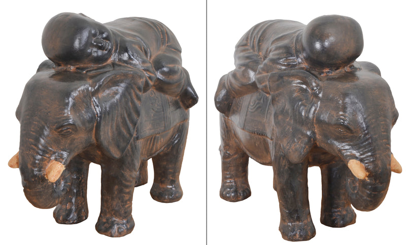 Buddha Baby Monk On Elephant Black Earthy Ancient Finish 16.5 Inches Tall