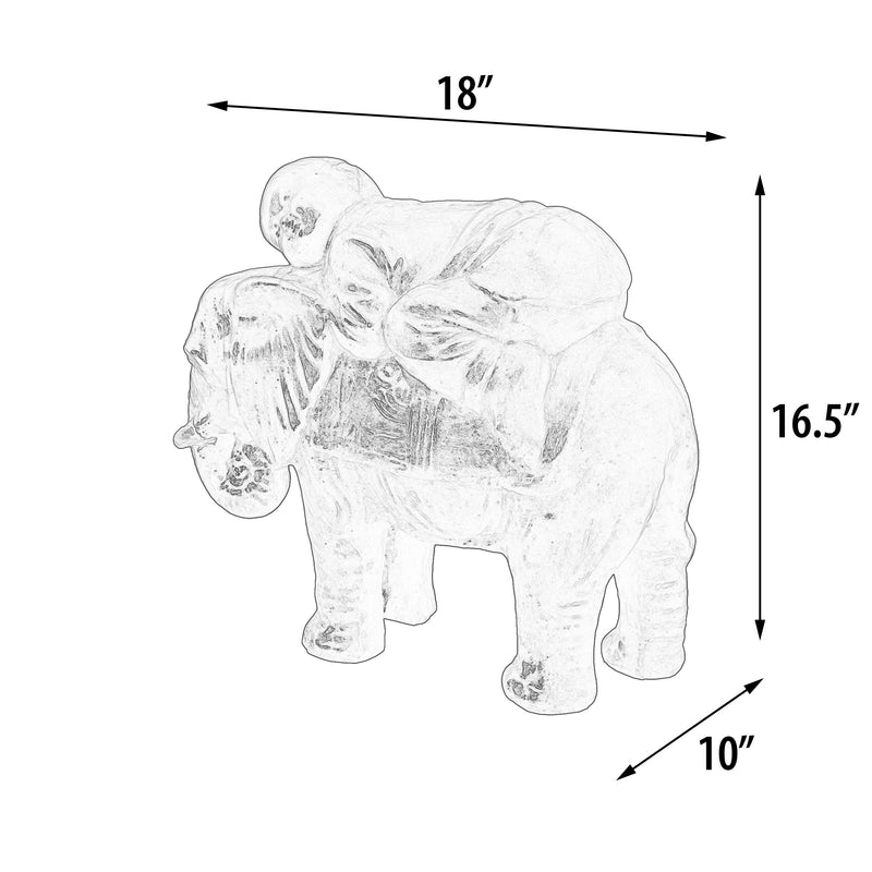 Buddha Baby Monk On Elephant Black Earthy Ancient Finish 16.5 Inches Tall