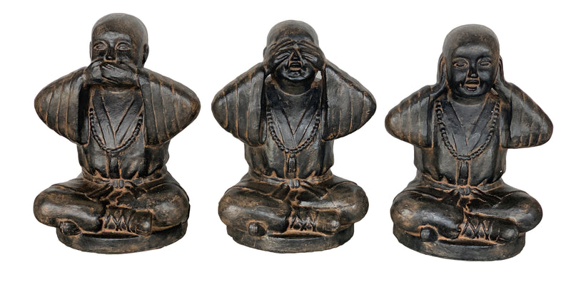 Buddha Original Monk Set Of 3 Hear, See, Speak No Evil Large, Black Earthy Finish Sculpture, Statue Indoor Or Outdoor