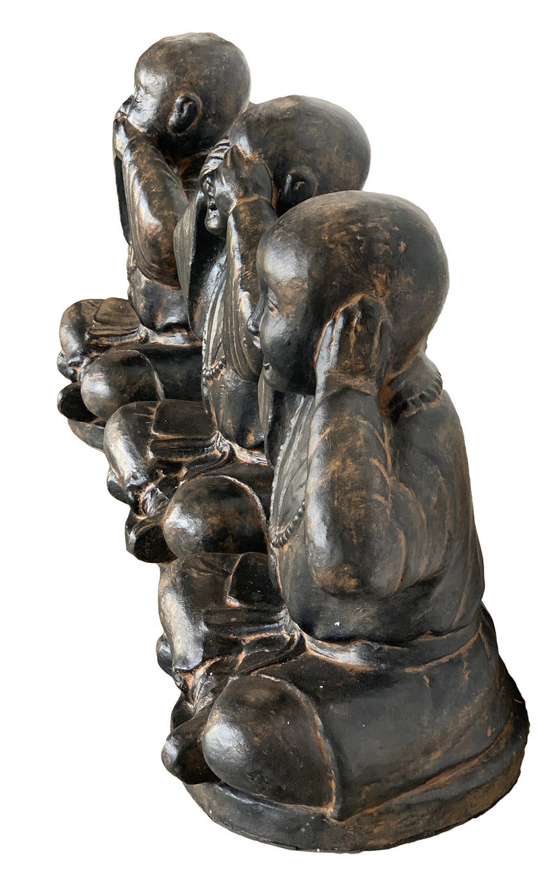Buddha Original Monk Set Of 3 Hear, See, Speak No Evil Large, Black Earthy Finish Sculpture, Statue Indoor Or Outdoor