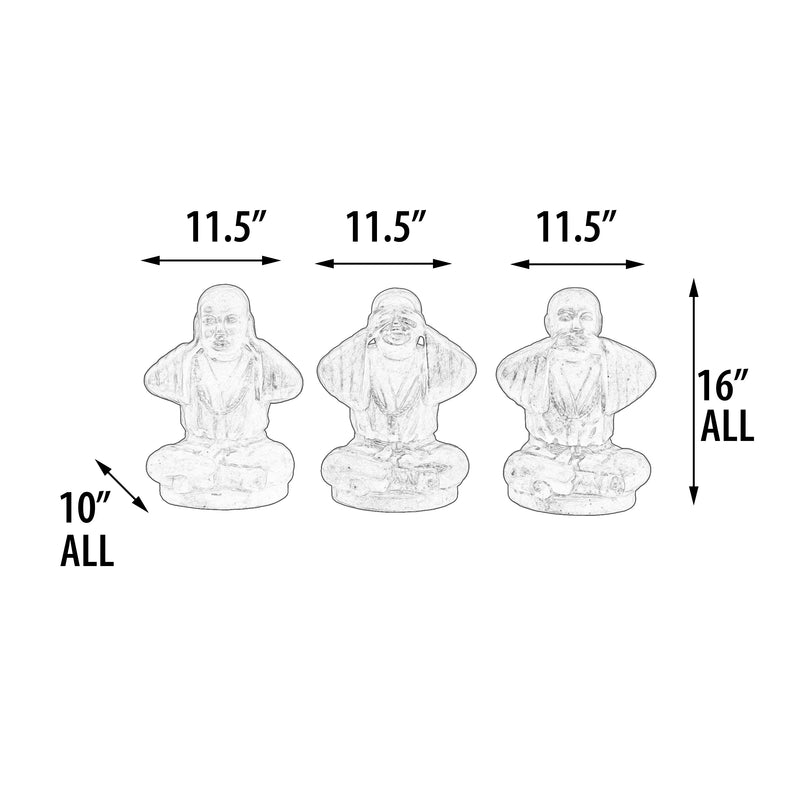 Buddha Original Monk Set Of 3 Hear, See, Speak No Evil Large, Black Earthy Finish Sculpture, Statue Indoor Or Outdoor