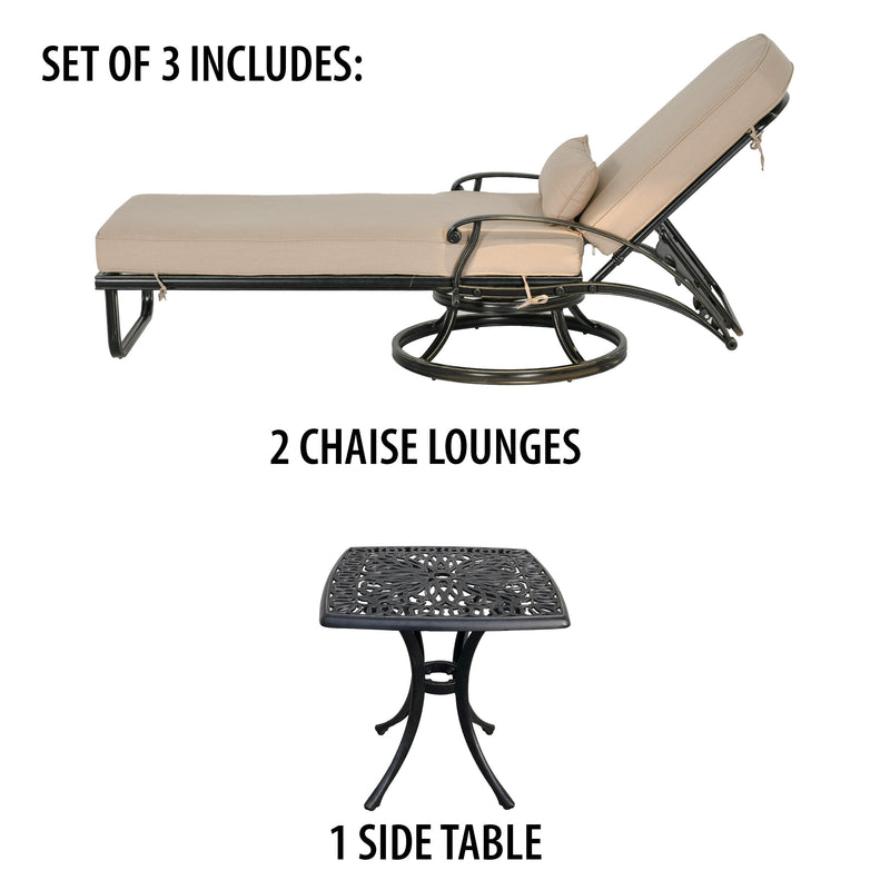 Outdoor Estate 3pc Swivel Chaise Lounge and Table Set Outdoor Aluminum,  Sumbrella,   Bridgeton Moore Patio Furniture