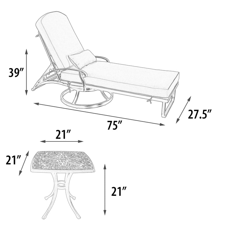 Outdoor Estate 3pc Swivel Chaise Lounge and Table Set Outdoor Aluminum,  Sumbrella,   Bridgeton Moore Patio Furniture