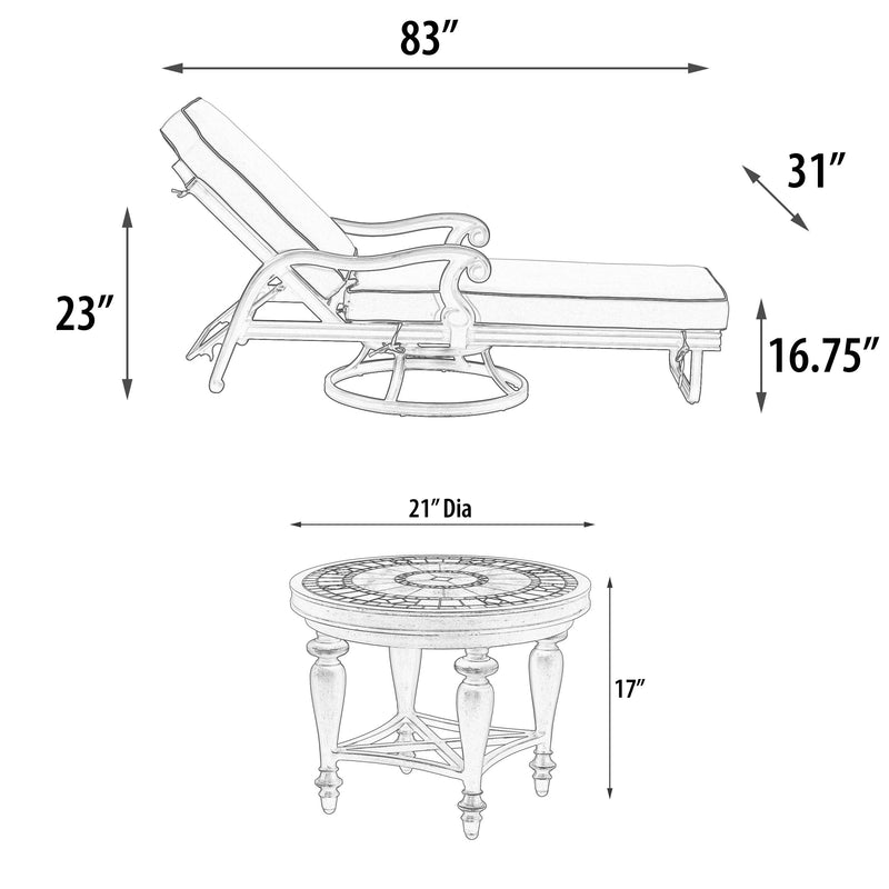 Astoria Chaise Lounge Table Set of 3, Swivel, Outdoor, Aluminum, Bridgeton Moore Patio