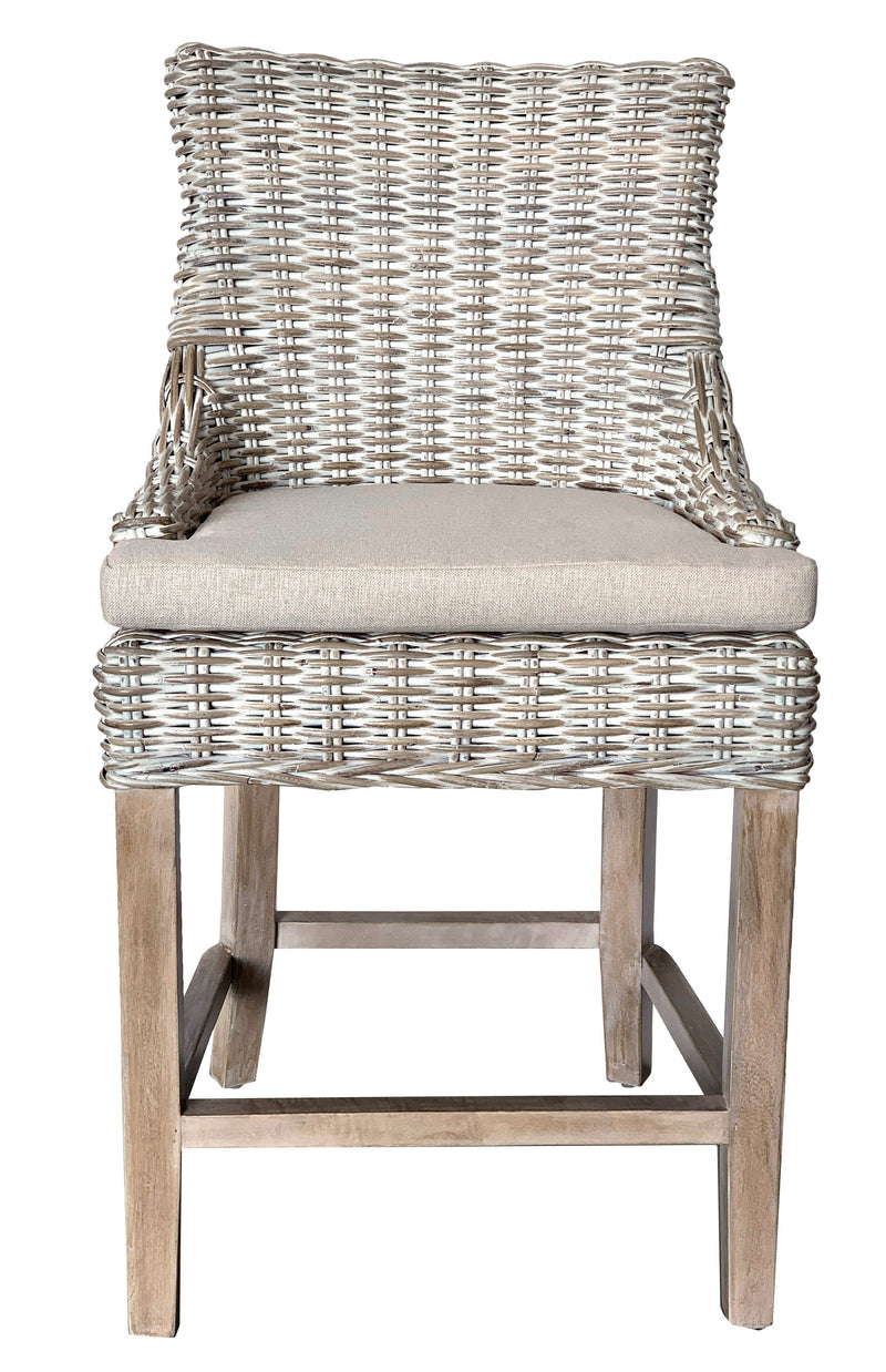 Counter Height Stool, Alfresco, Kuba Weave, White Wash, Hand Made, Mahogany Frame, Neutral Cushion Coastal, Farmhouse, Rustic