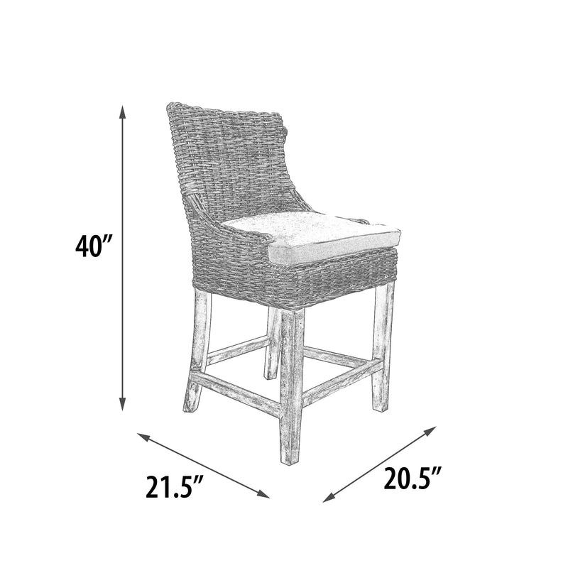 Counter Height Stool, Alfresco, Kuba Weave, White Wash, Hand Made, Mahogany Frame, Neutral Cushion Coastal, Farmhouse, Rustic