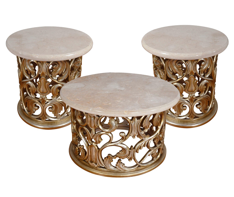 Platine Round Coffee Cocktail Table Set of 3 Hand Carved Mahogany with Creama Marfil Marble Tops