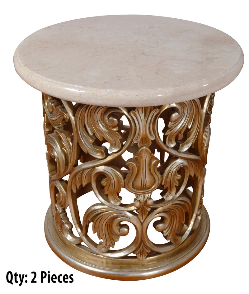 Platine Round Coffee Cocktail Table Set of 3 Hand Carved Mahogany with Creama Marfil Marble Tops