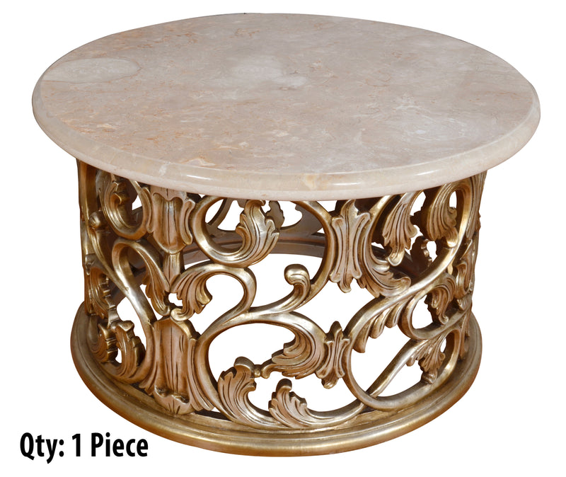 Platine Round Coffee Cocktail Table Set of 3 Hand Carved Mahogany with Creama Marfil Marble Tops