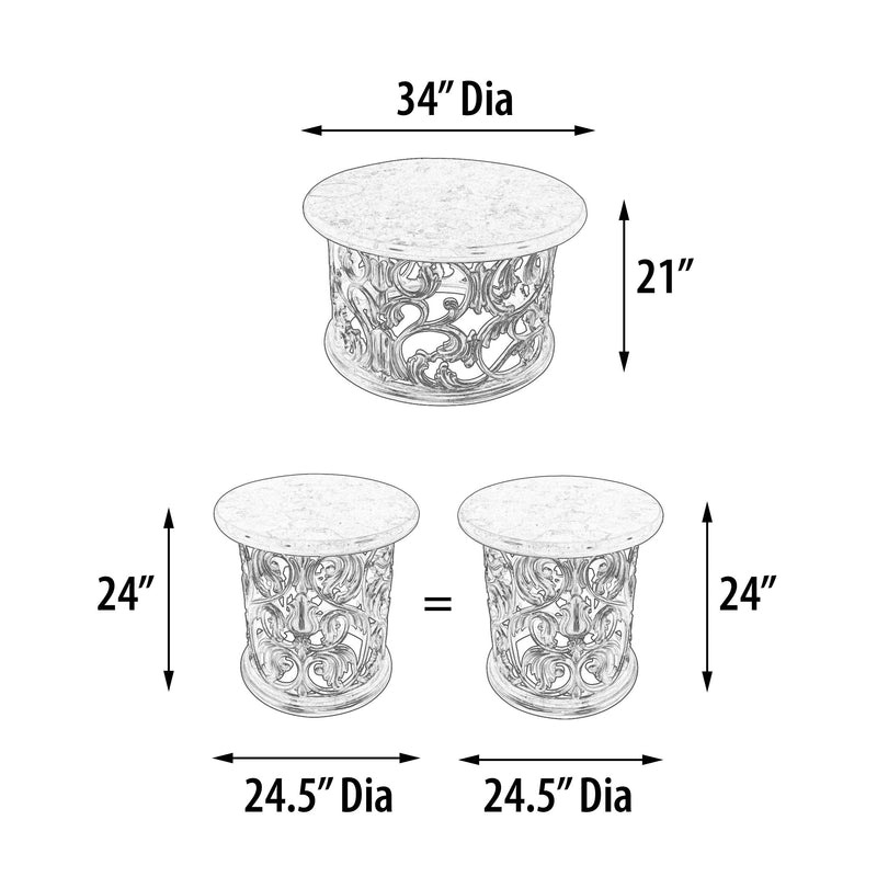 Platine Round Coffee Cocktail Table Set of 3 Hand Carved Mahogany with Creama Marfil Marble Tops