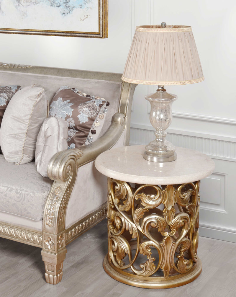 Platine Hand Carved Round Side Table w Creama Marfil Marble 24 Inches Tall