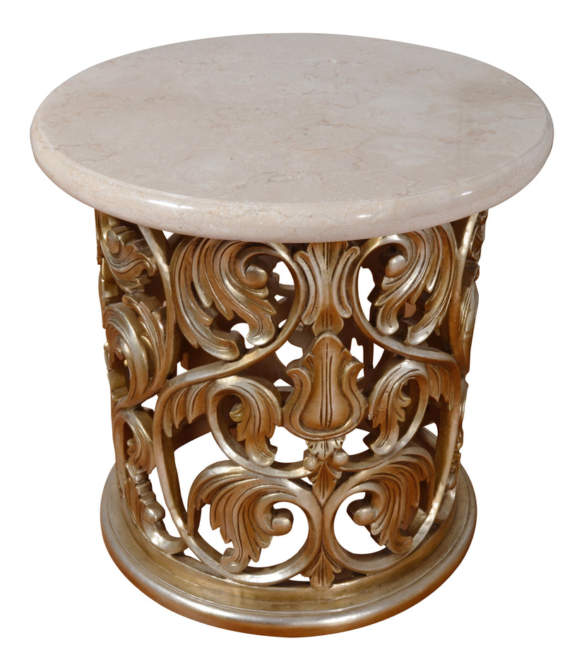Platine Hand Carved Round Side Table w Creama Marfil Marble 24 Inches Tall