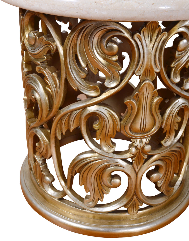 Platine Hand Carved Round Side Table w Creama Marfil Marble 24 Inches Tall